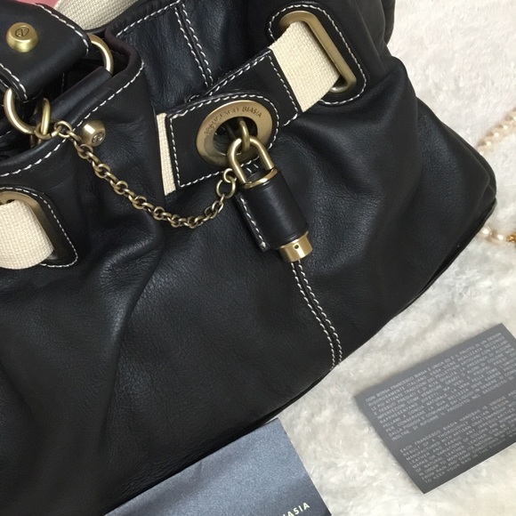 Francesco Biasia Genuine Black Leather Oversized Handbag Push Lock Canvas Strap - Picture 17 of 17